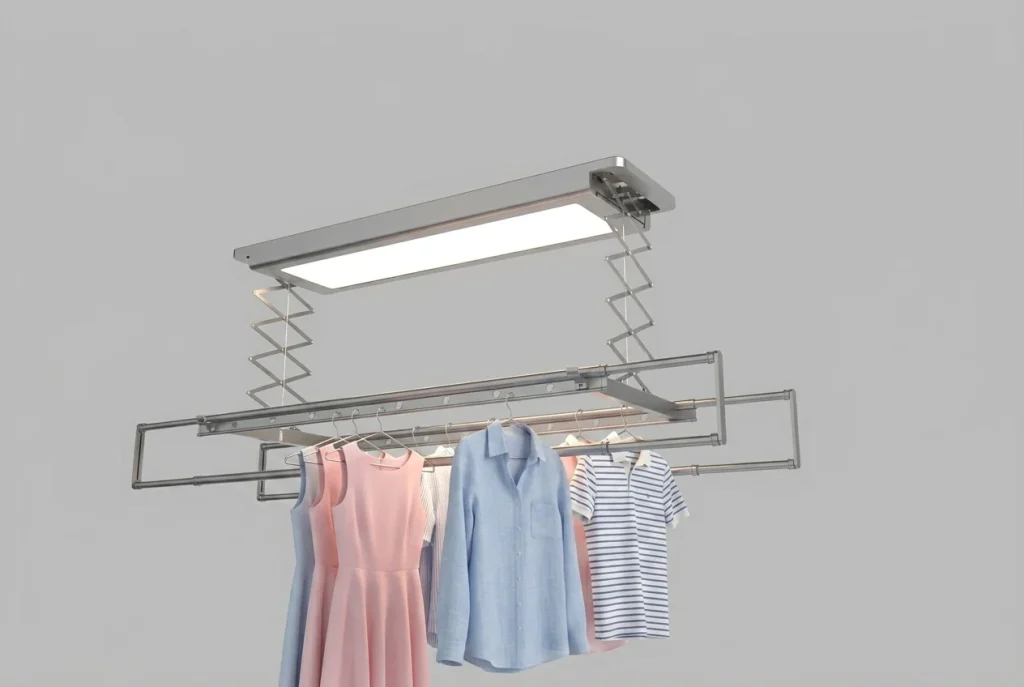 Automated ceiling-mounted electric clothes drying rack with clothes hanging under LED light panel
