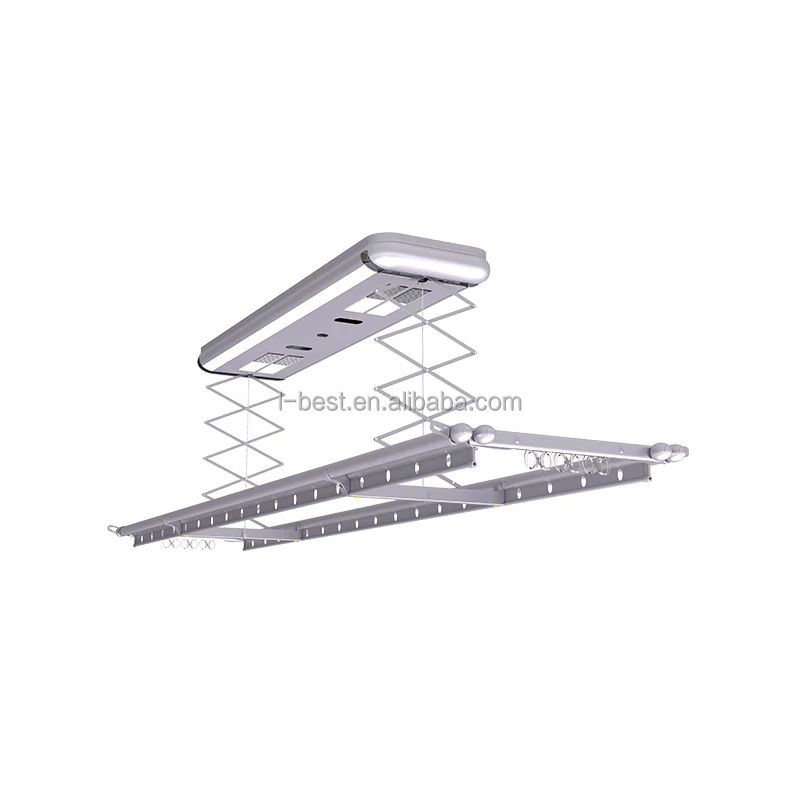 Automated ceiling-mounted electric clothes drying rack with LED illumination and scissor lift mechanism
