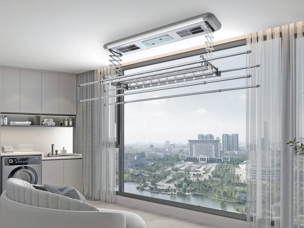 Automated ceiling-mounted electric clothes drying rack installed in a modern balcony with city view