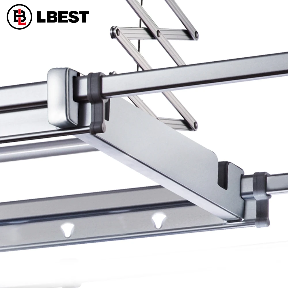 Close-up of extendable aluminum rods and scissor lift mechanism on an electric clothes drying rack